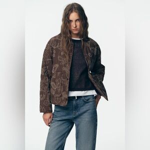 Zara Brown Quilted Floral-Print Bomber Jacket